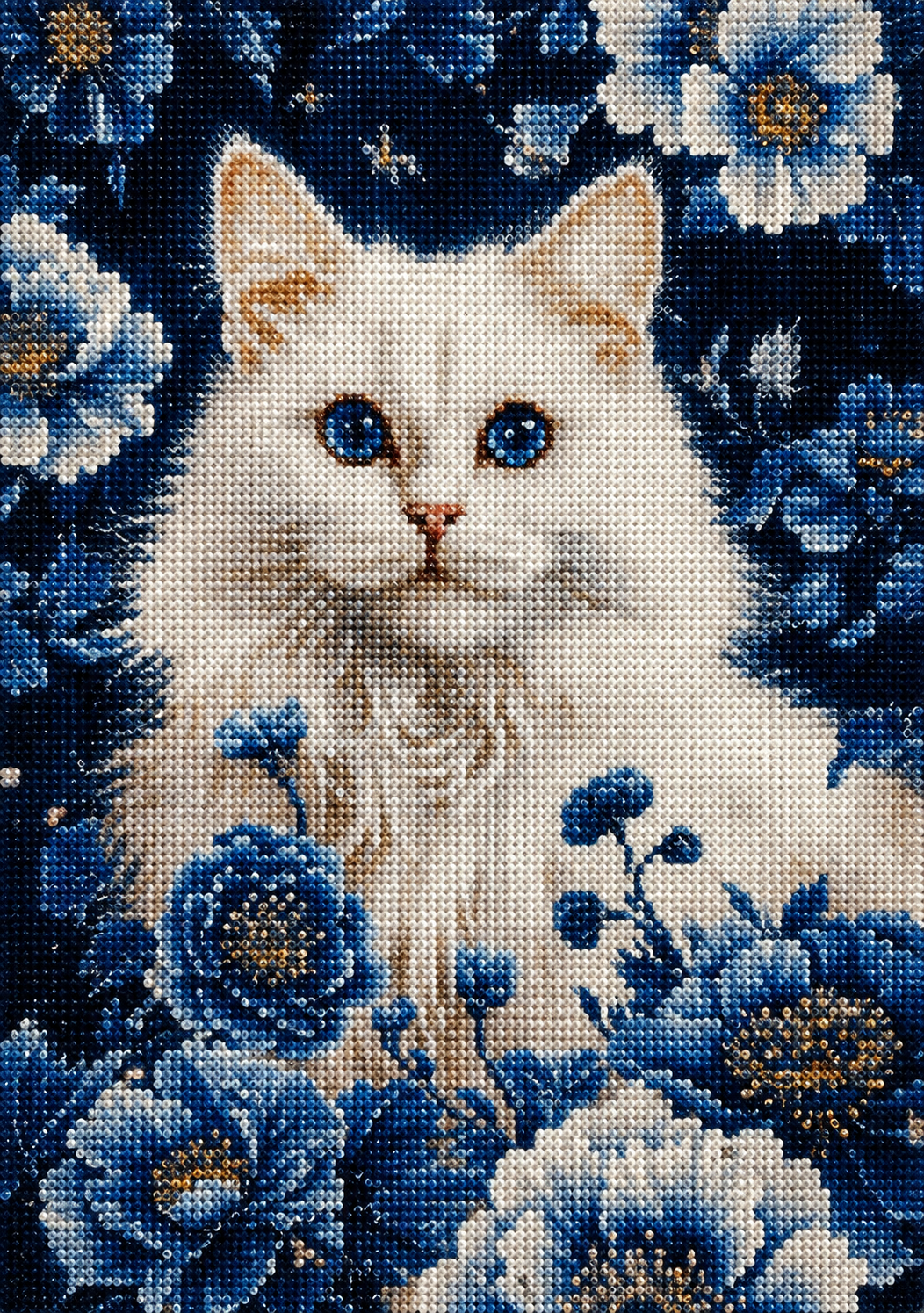 White Cat In Blue Flowers Diamond Art Kit