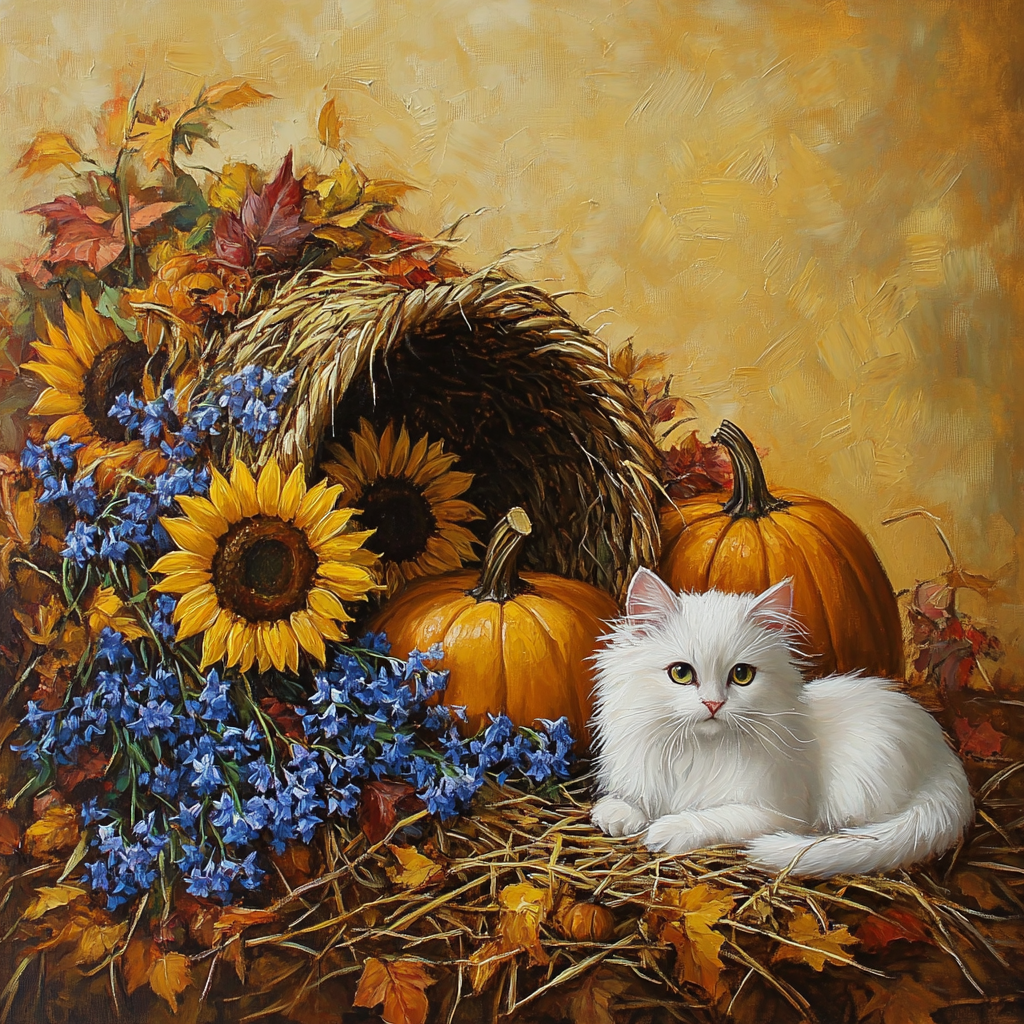 White Cat and Fall Cornucopia Diamond Art Kit