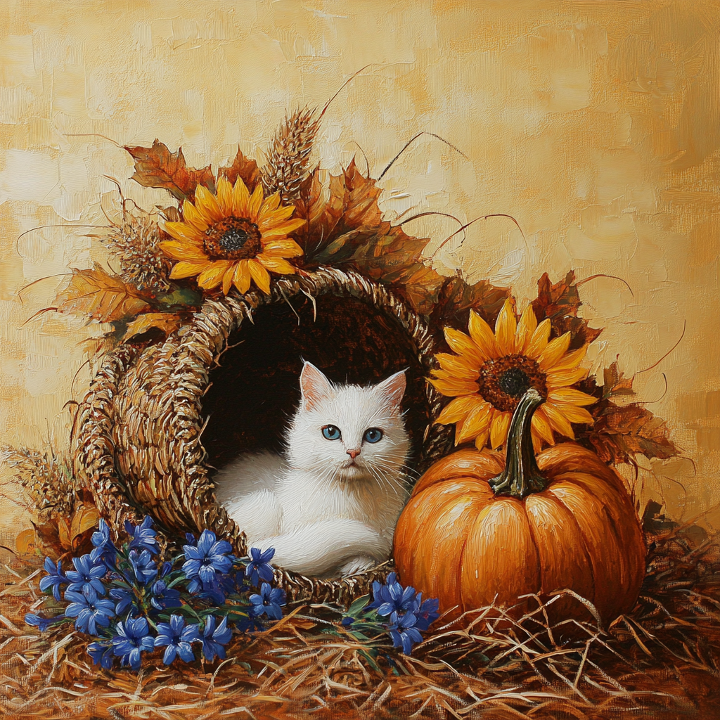 White Cat in a Cornucopia Diamond Art Kit