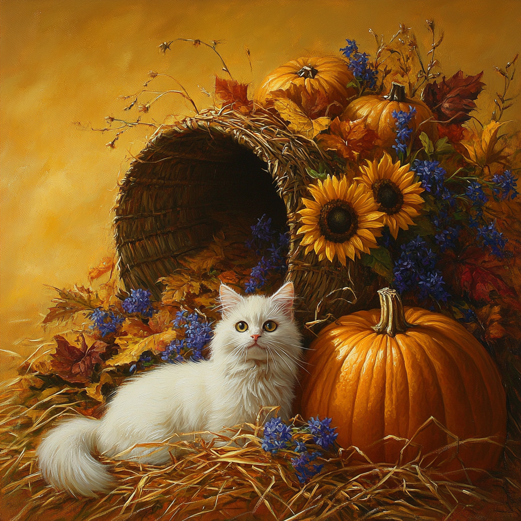 White Cat Pumpkin and Cornucopia Diamond Art Kit