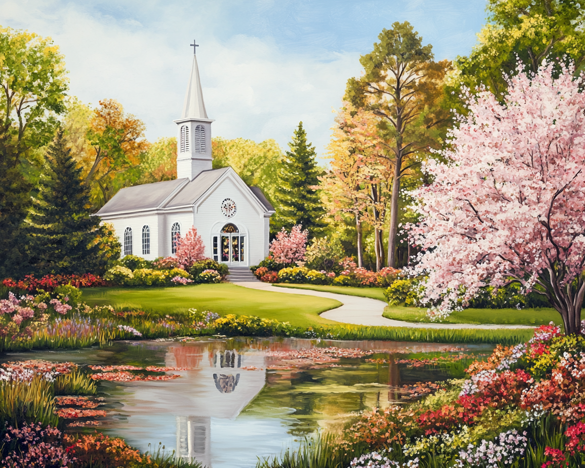 White Church and Pond Diamond Art Kit