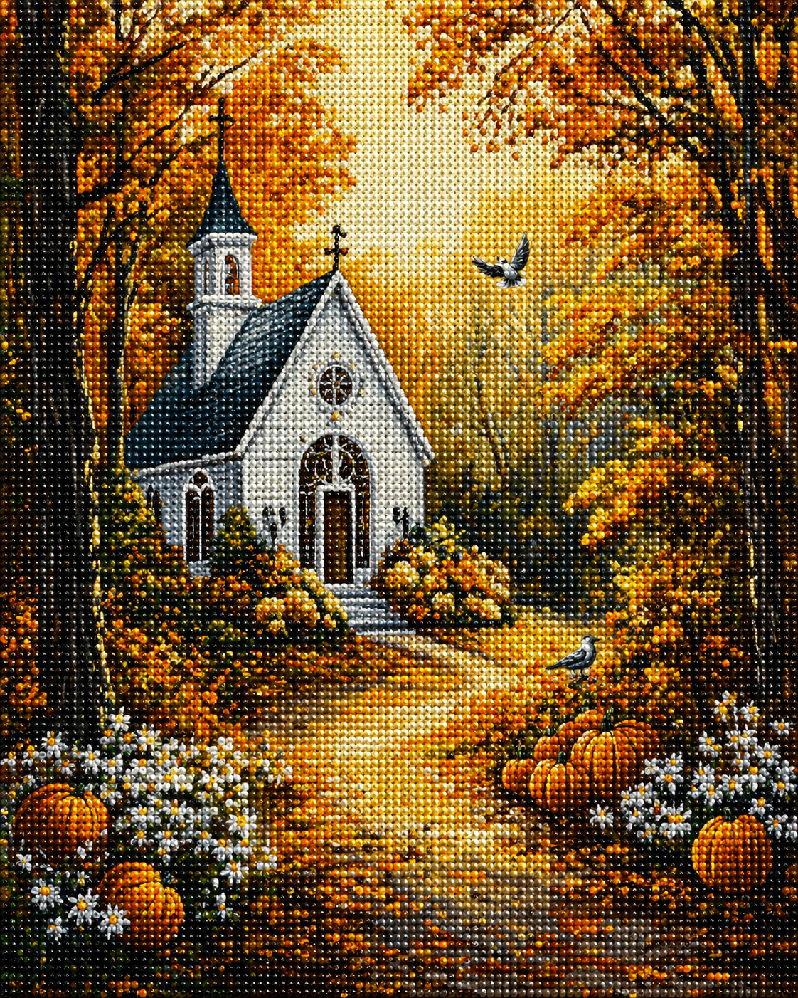 White Church In Fall Diamond Art Kit — diamond art kit canvas