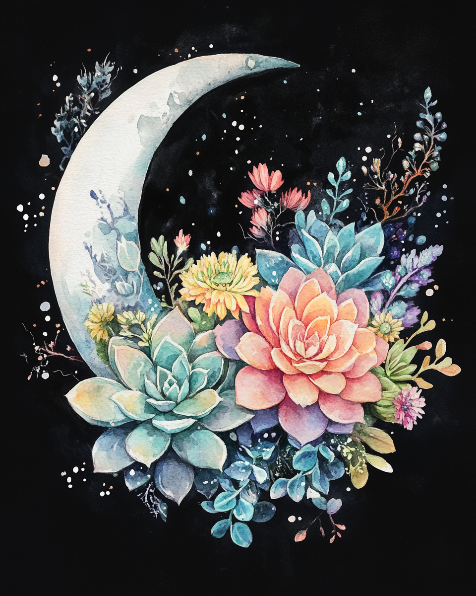 White Crescent Moon and Succulents Diamond Art Kit
