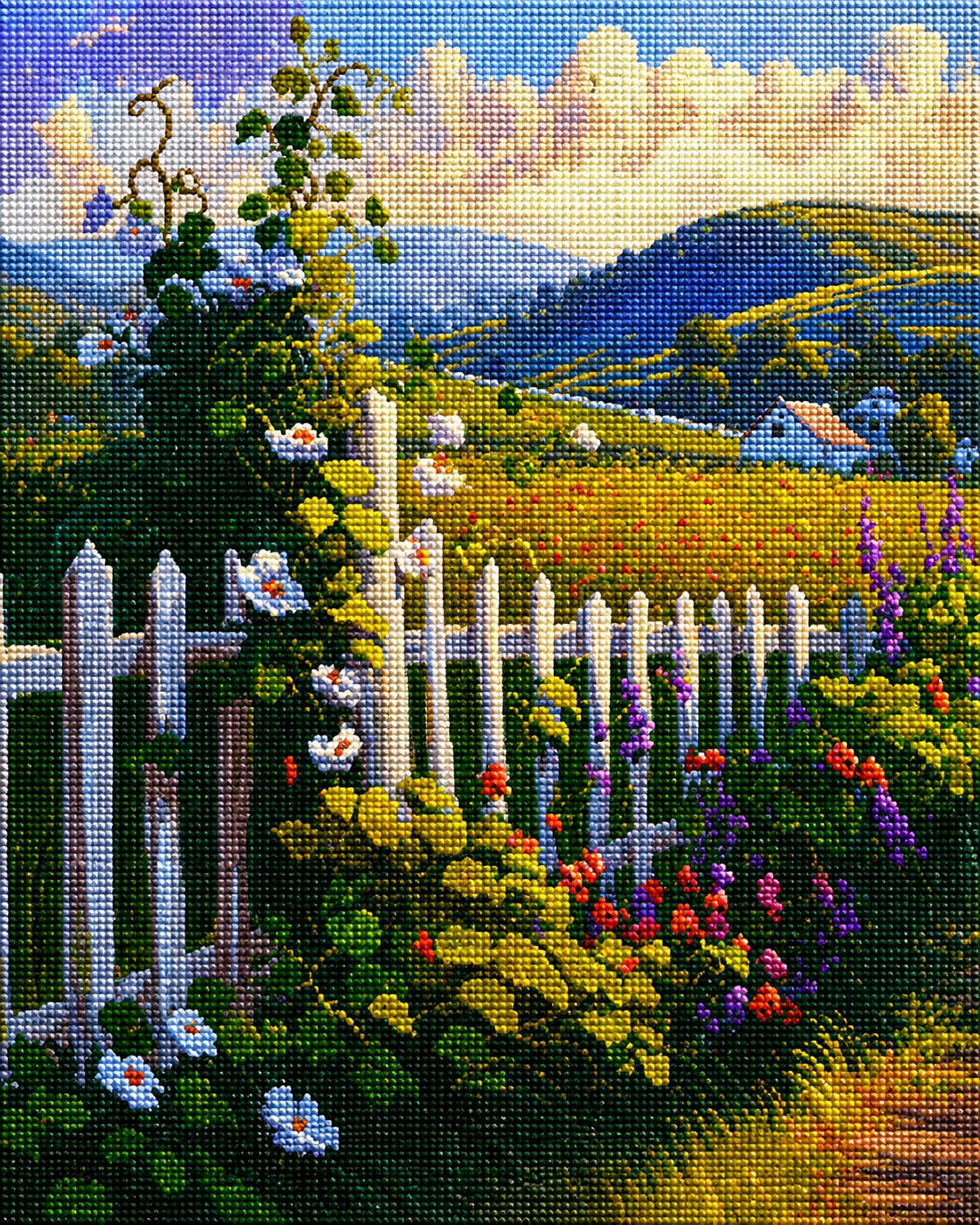 White Fence Flowers Diamond Art Kit