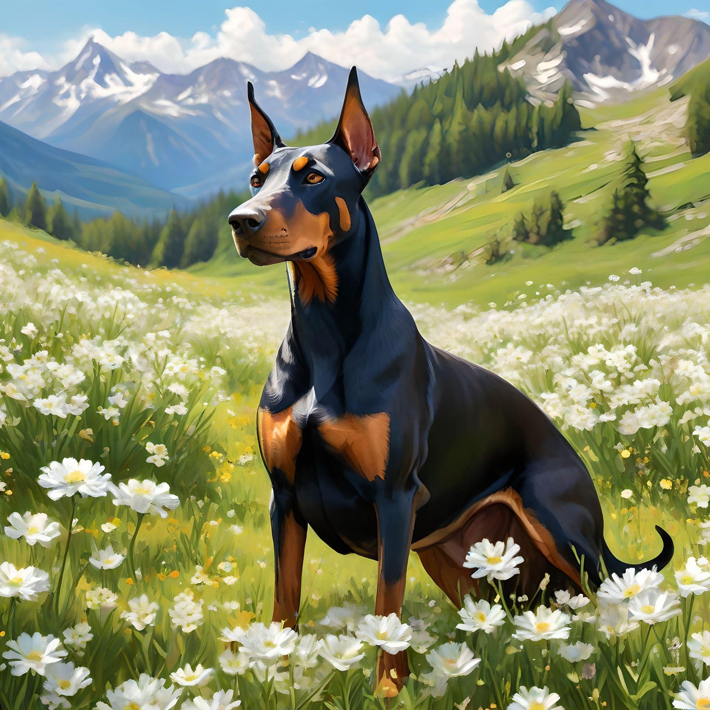 White Flower Meadow Doberman Pinscher Diamond Art Kit