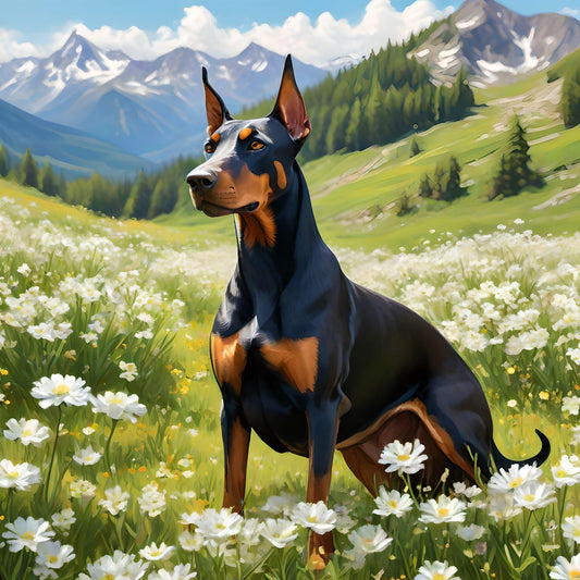 White Flower Meadow Doberman Pinscher Diamond Art Kit
