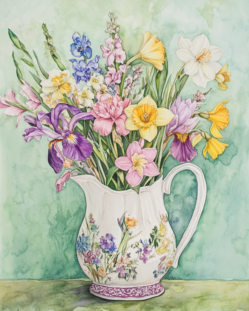 White Flower Painted Pitcher of Flowers Diamond Art Kit