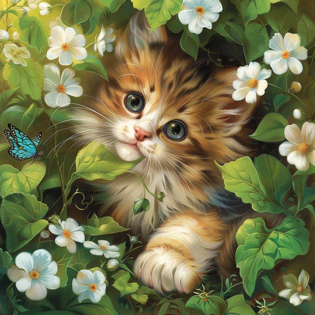 White Flower Kitten Diamond Art Kit