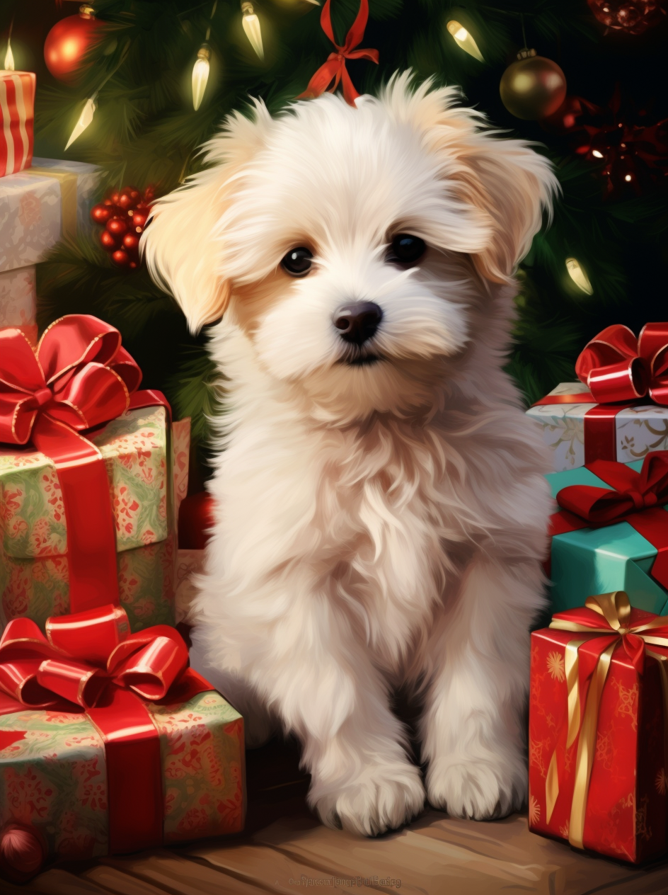 White Fluffy Christmas Puppy Diamond Art Kit
