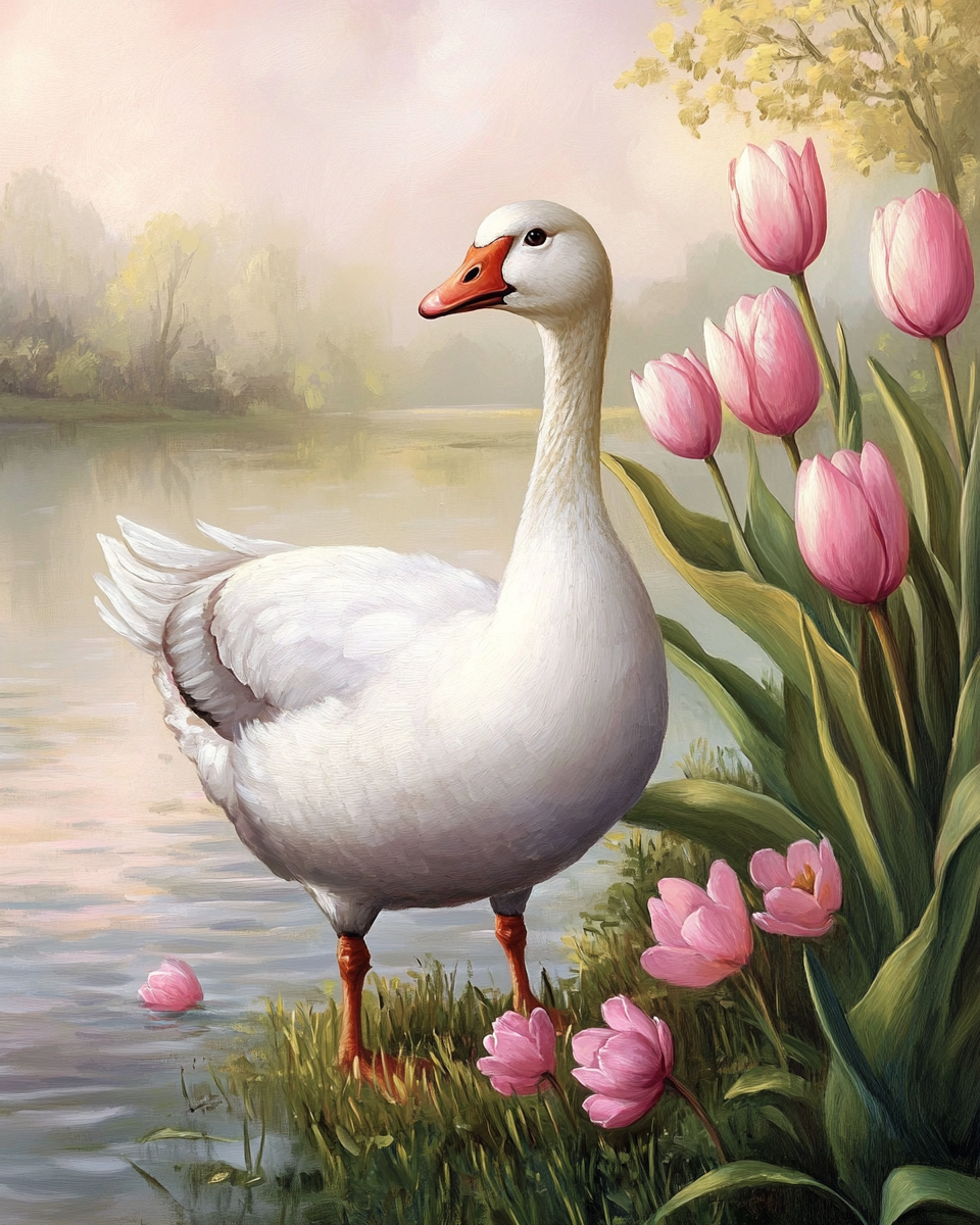 White Goose in the Tulips Diamond Art Kit