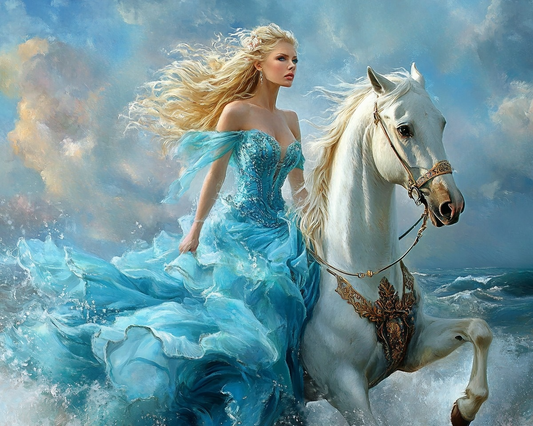 5D Diamond Painting White Horse Woman and Waves Kit
