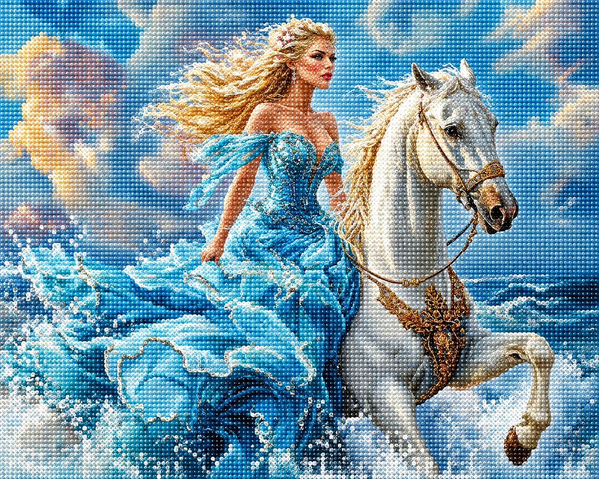 White Horse Woman And Waves Diamond Art Kit