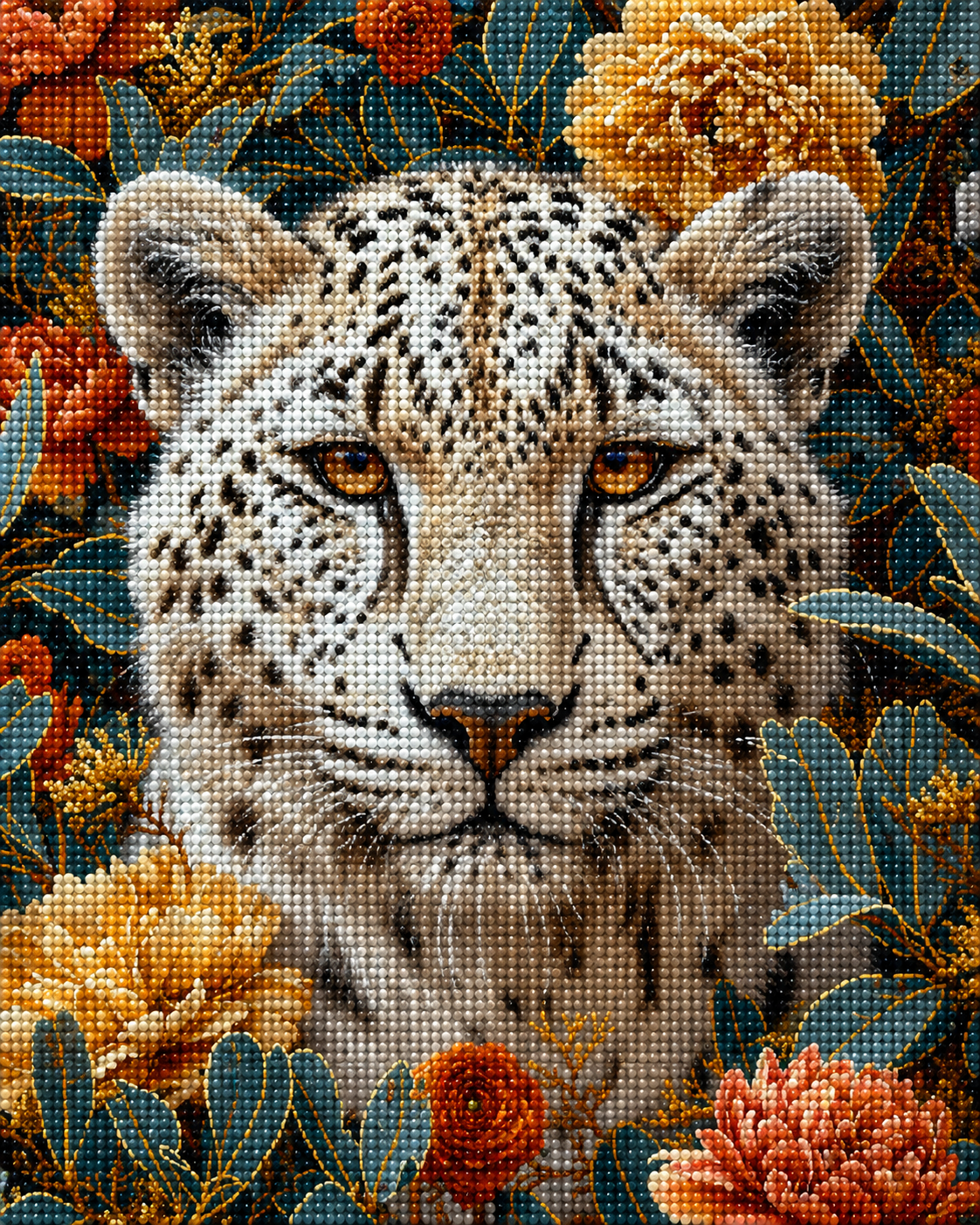 White Leopard And Flowers Diamond Art Kit — diamond art kit canvas