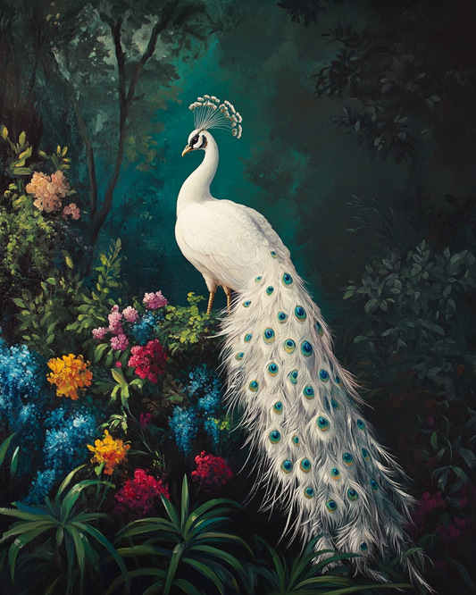 White Peacock and Flowers Diamond Art Kit