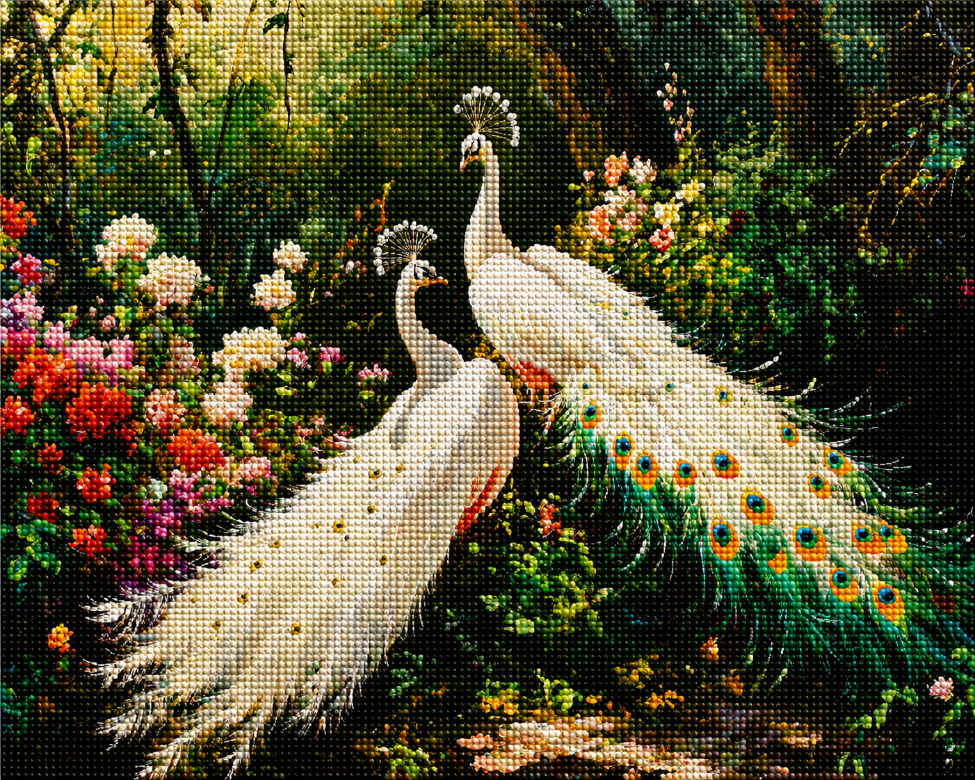 White Peacocks With Flowers Diamond Art Kit