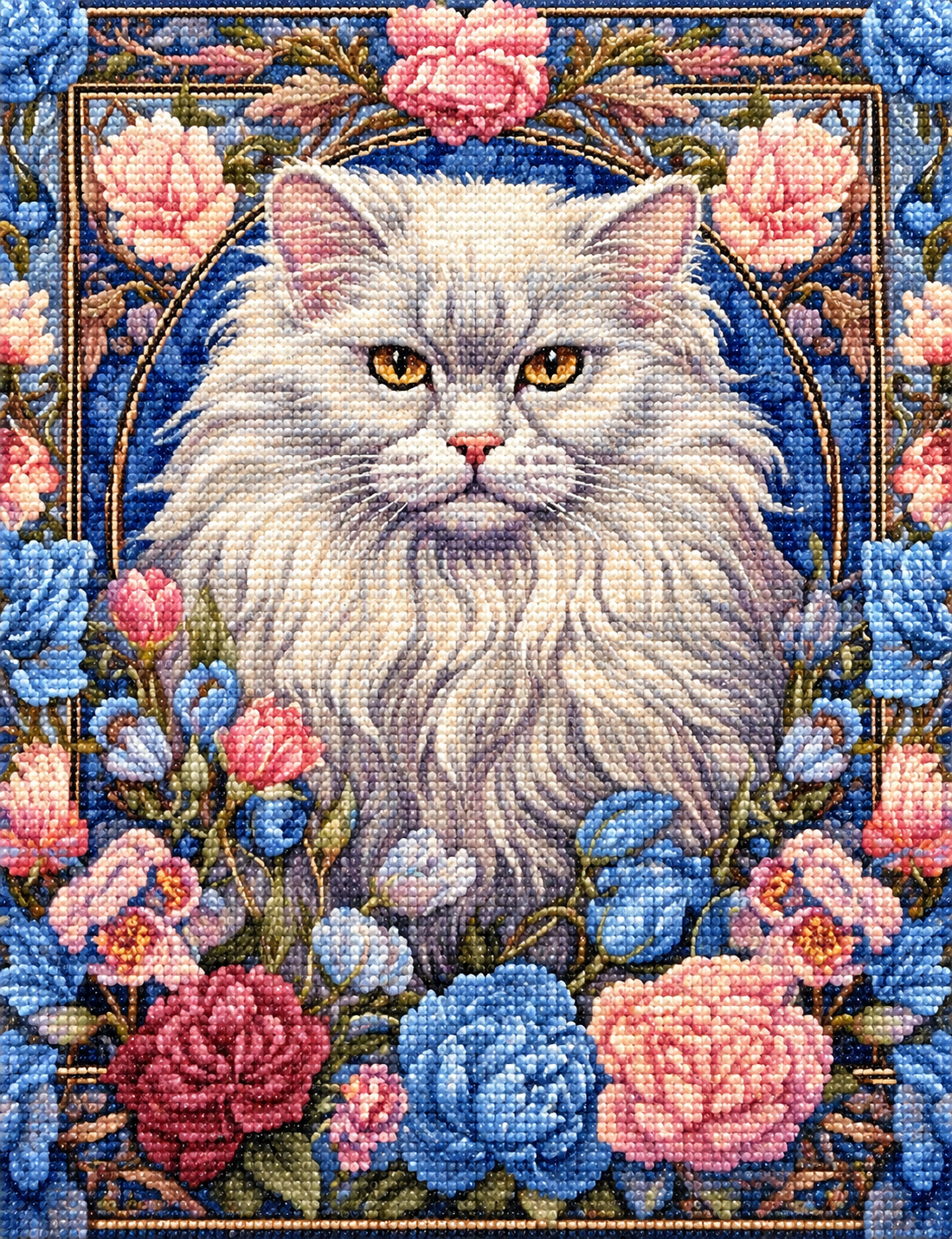 White Persian In Flowers Diamond Art Kit