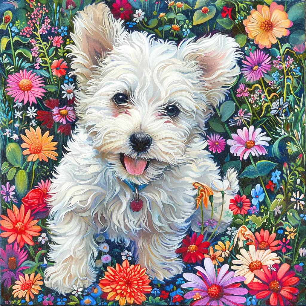 White Puppy Flower Garden Diamond Art Kit