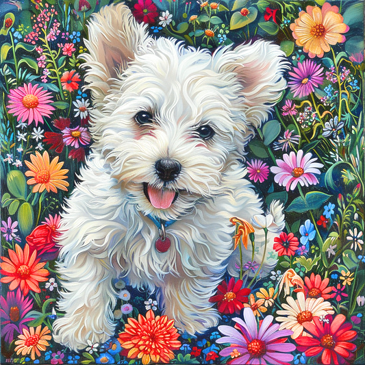 White Puppy Flower Garden Diamond Art Kit