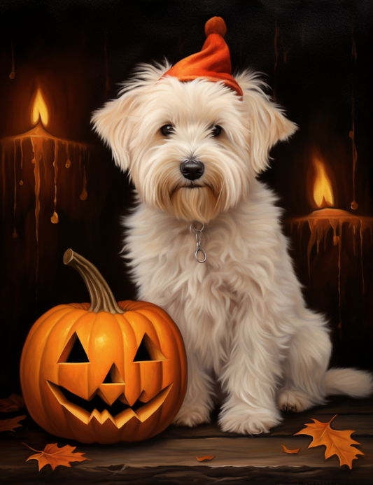 White Puppy and Jack-o-lantern Diamond Art Kit