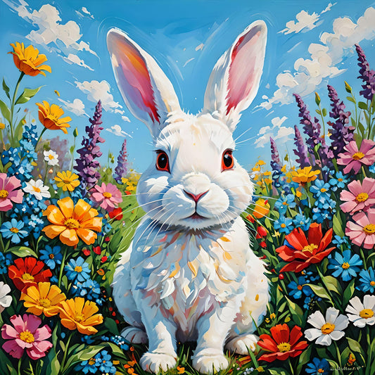 White Rabbit in Flowers Diamond Art Kit