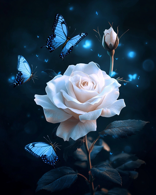 White Rose and Bud Blue Butterflies Diamond Art Kit