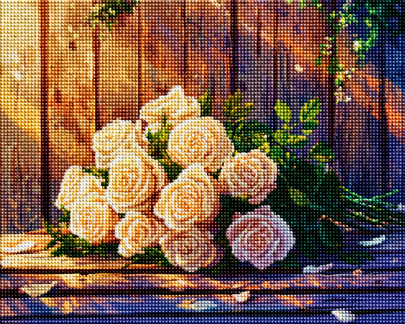 White Roses On A Wood Table Diamond Art Kit