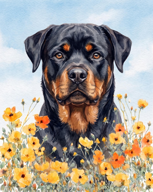 Rottweiler in Wild Flowers Diamond Art Kit