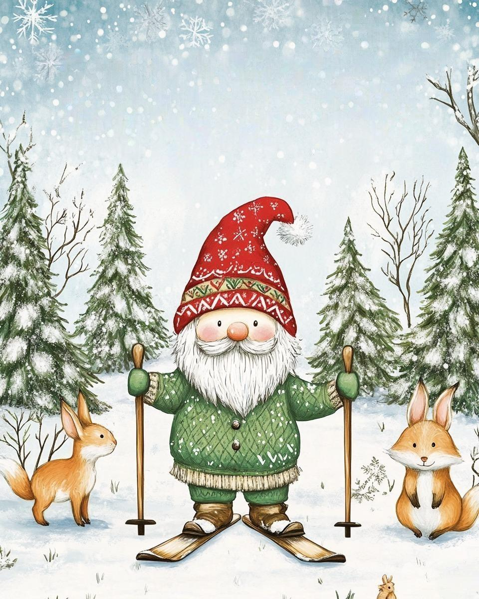 Winter Gnome with Skis Diamond Art Kit