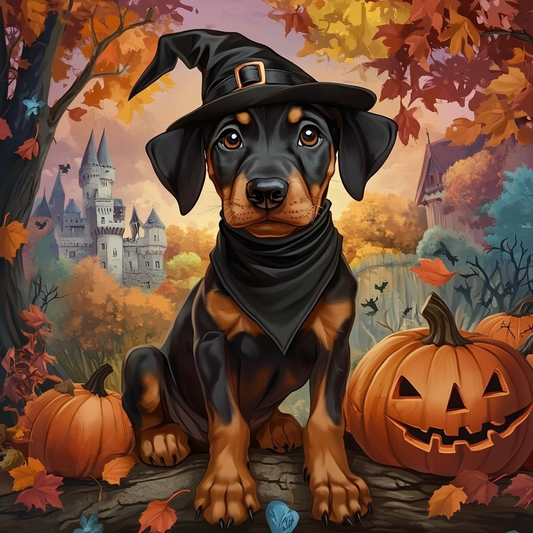 Witch Hat Doberman Puppy Diamond Art Kit