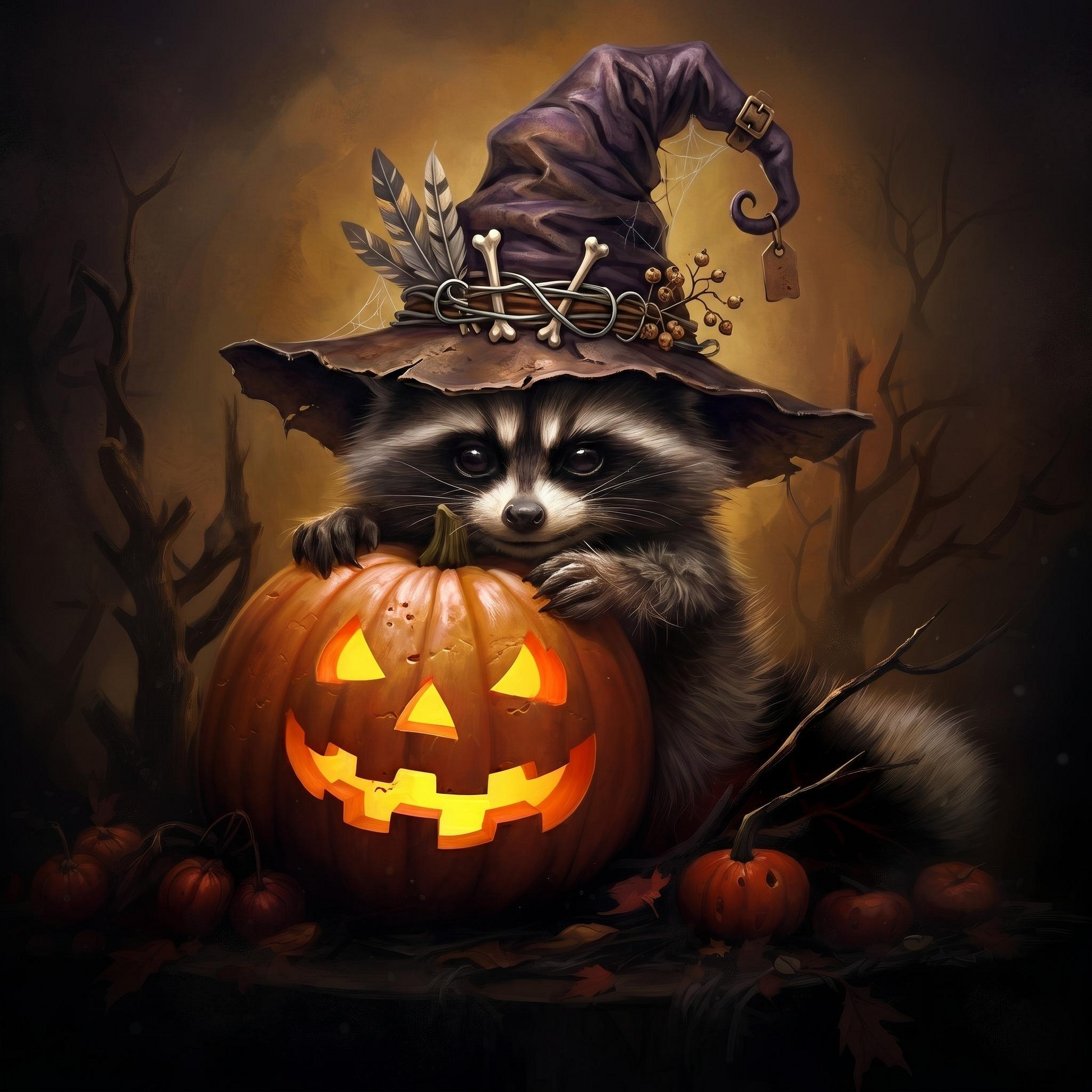 Witch Hat Halloween Raccoon Diamond Art Kit