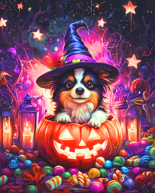 Witch Hat Puppy and Pumpkin Diamond Art Kit