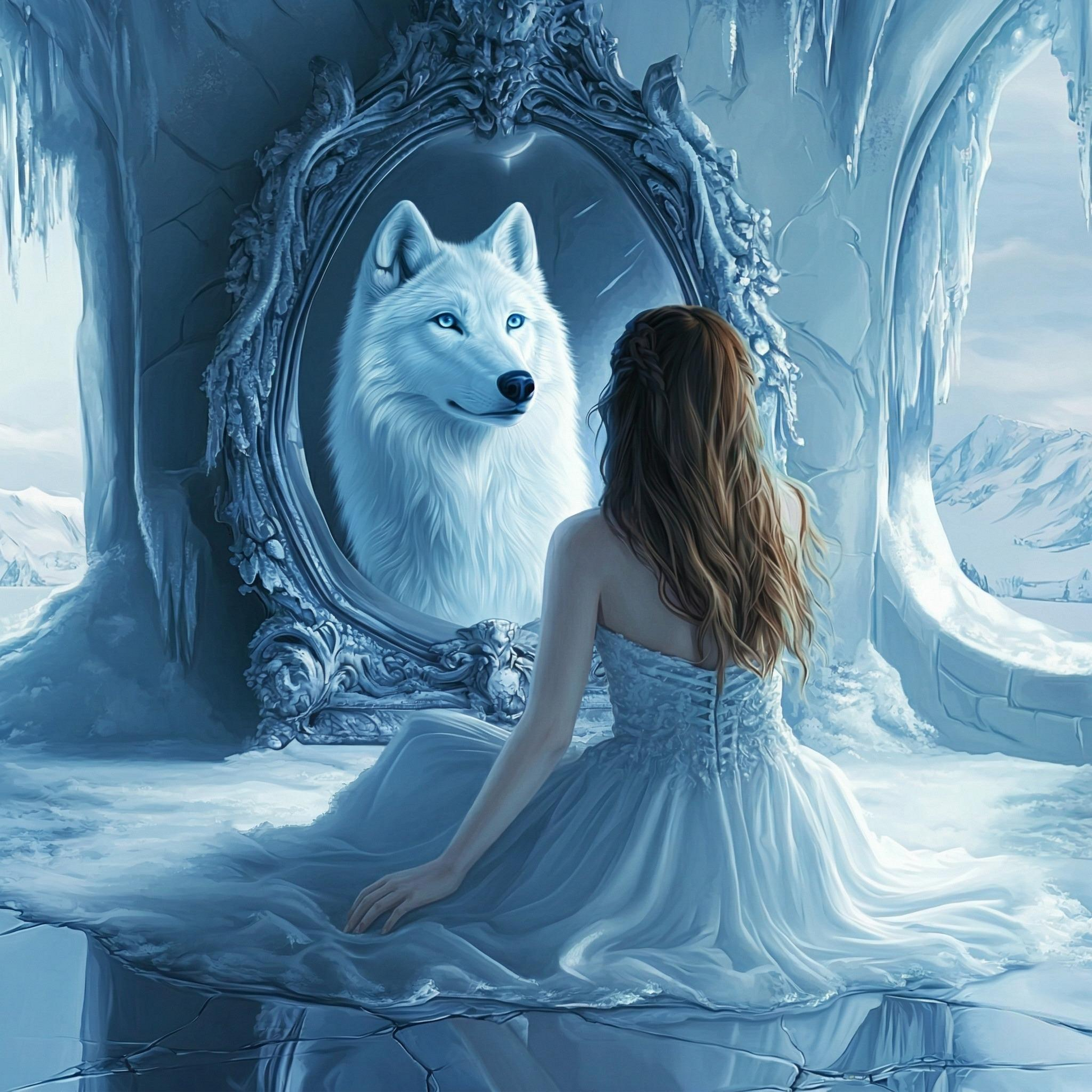 White Wolf and Girl Reflection Diamond Art Kit