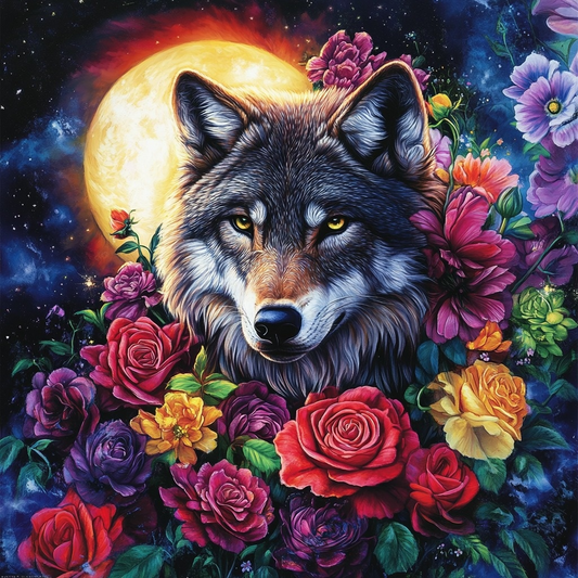 Wolf in Roses Moon Diamond Art Kit