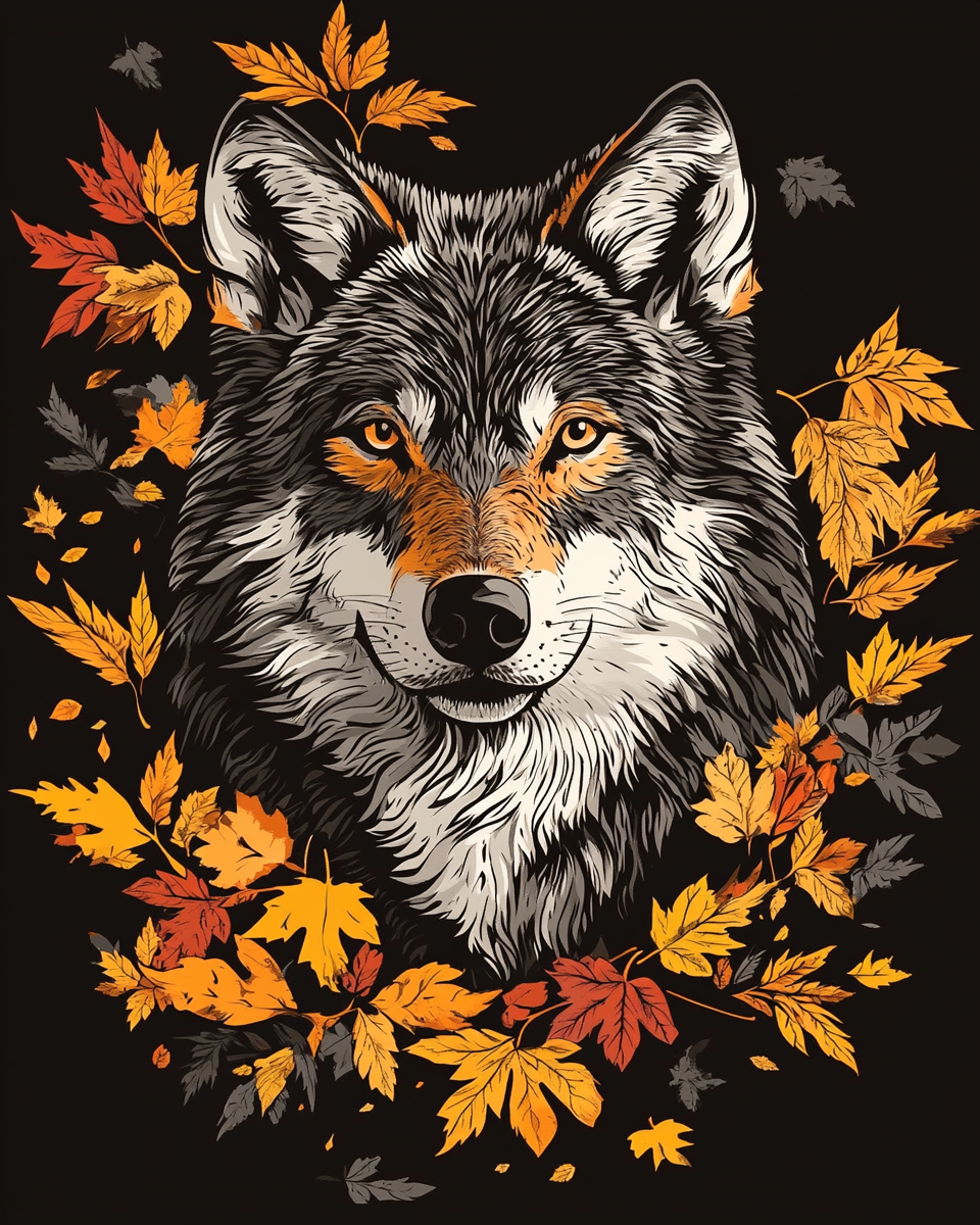 Wolf in the Leaves Portrait Diamond Art Kit