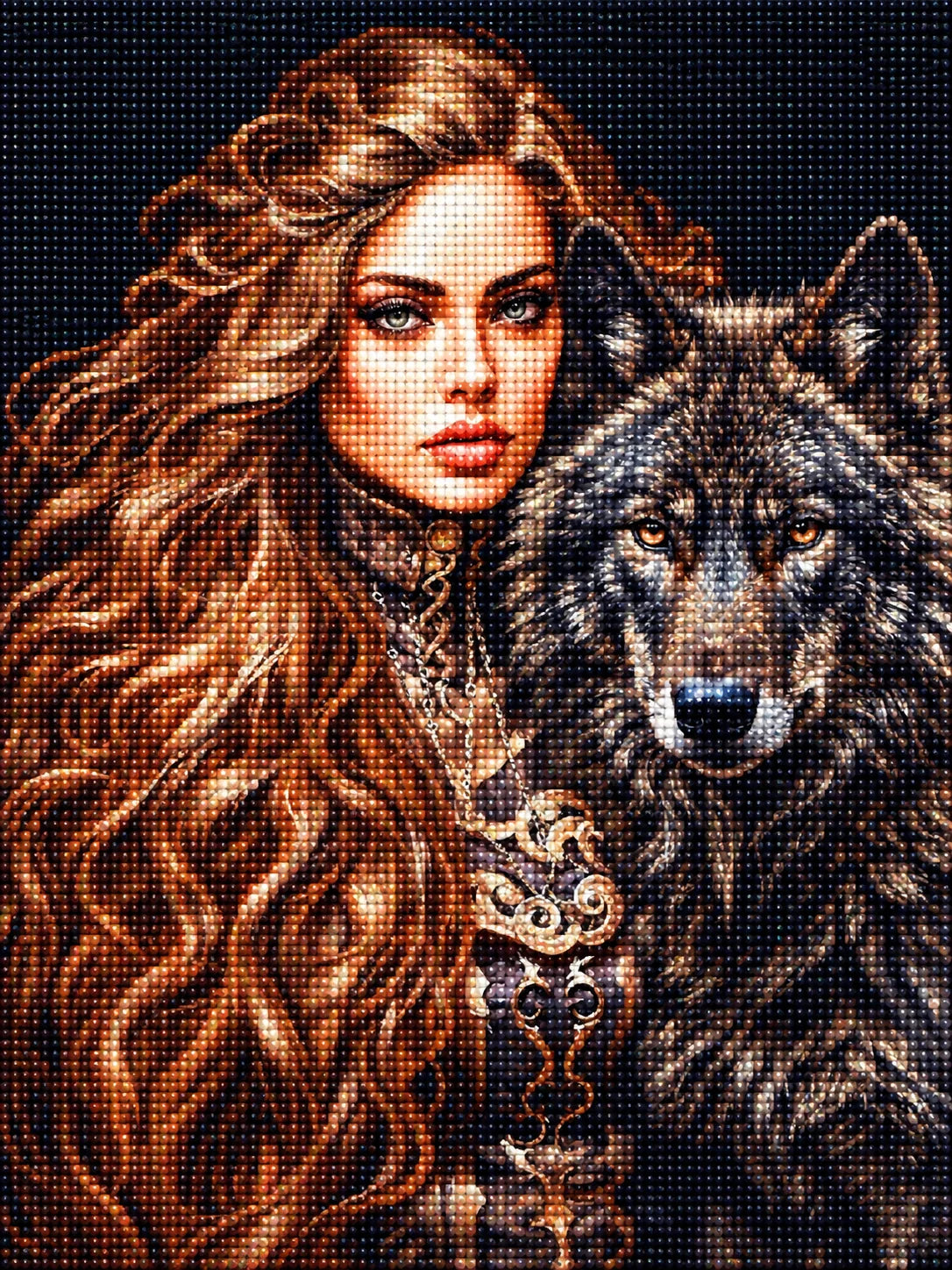 Woman And Black Wolf Diamond Art Kit