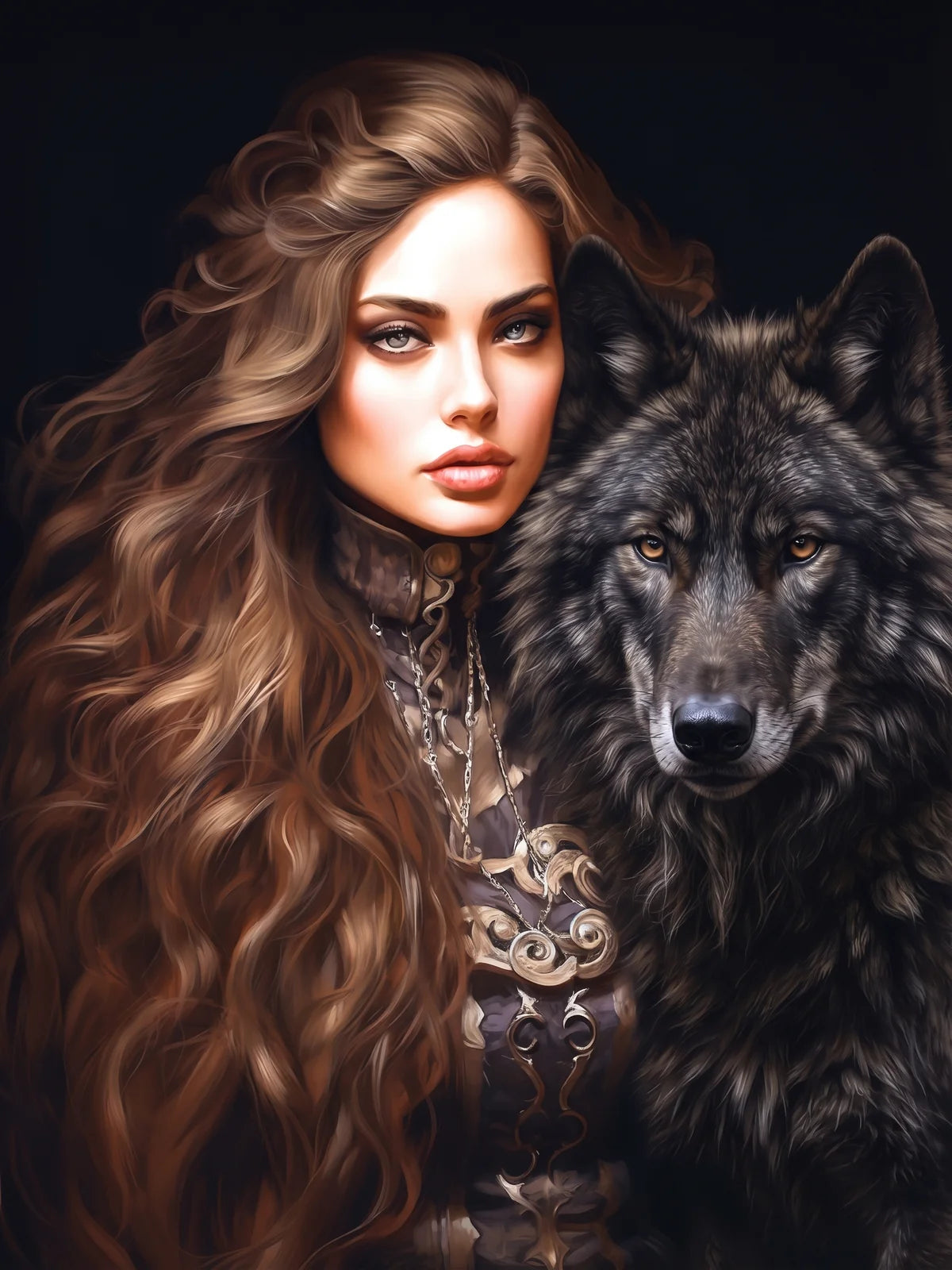 Woman And Black Wolf Diamond Art Kit