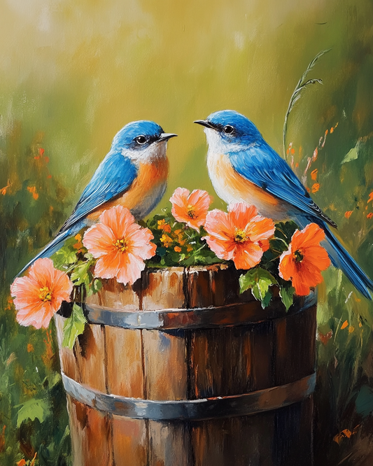 Wooden Barrel and Blue Birds Diamond Art Kit