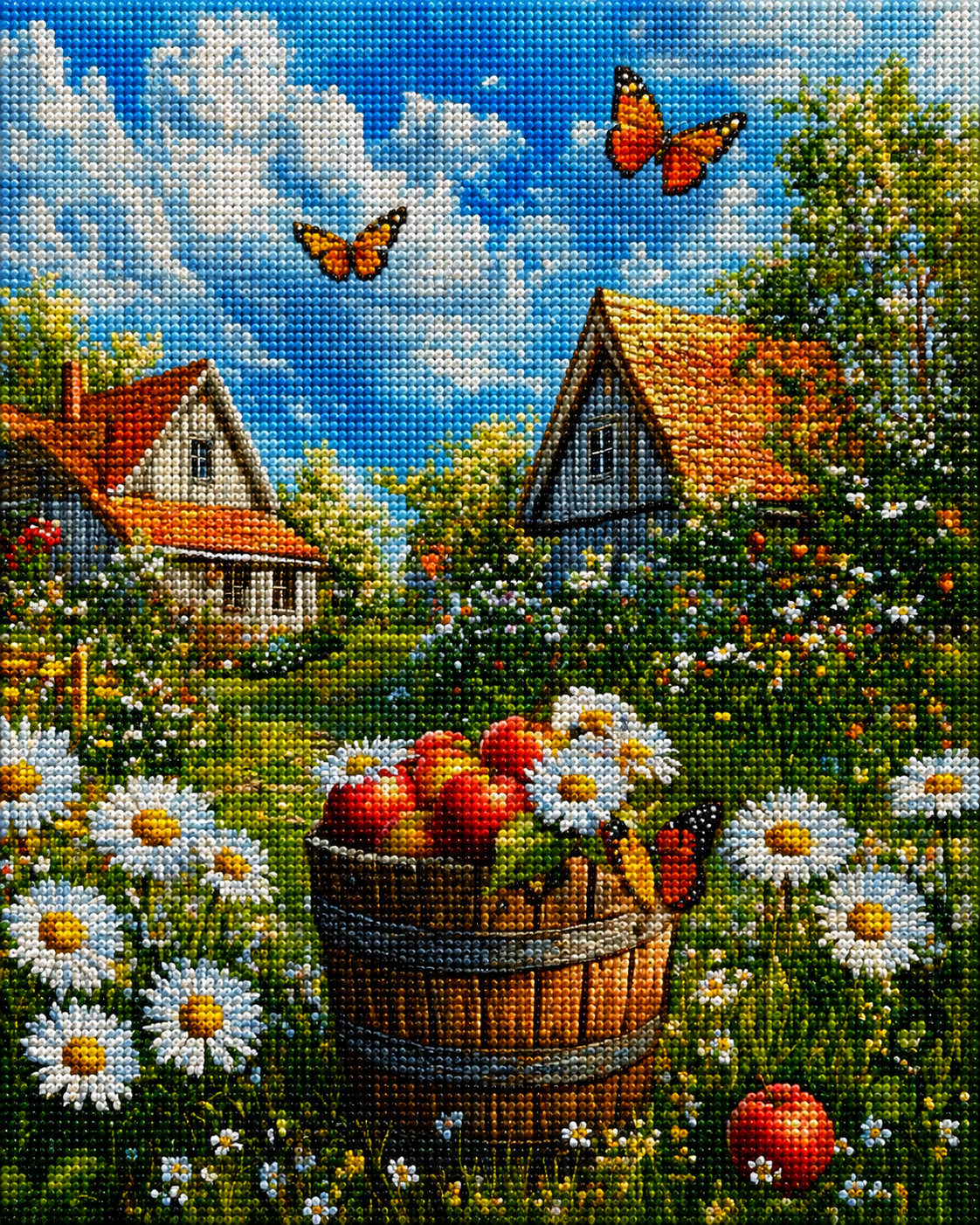 Wooden Basket Of Apples And Flowers Diamond Art Kit