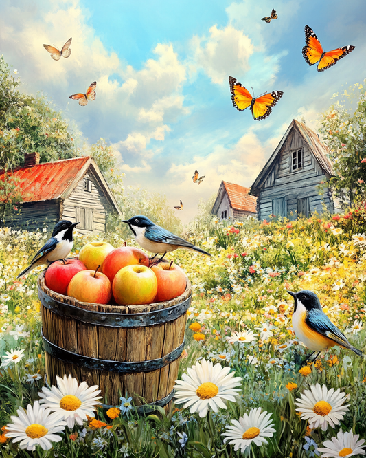 Wooden Basket of Apples and Birds Diamond Art Kit