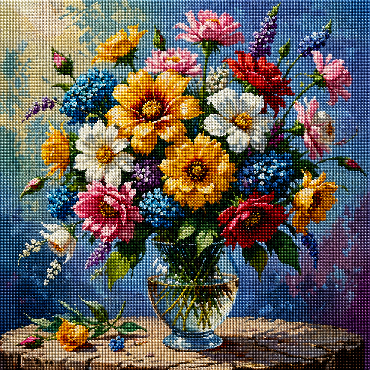 Wood Table Glass Vase Of Flowers Diamond Art Kit