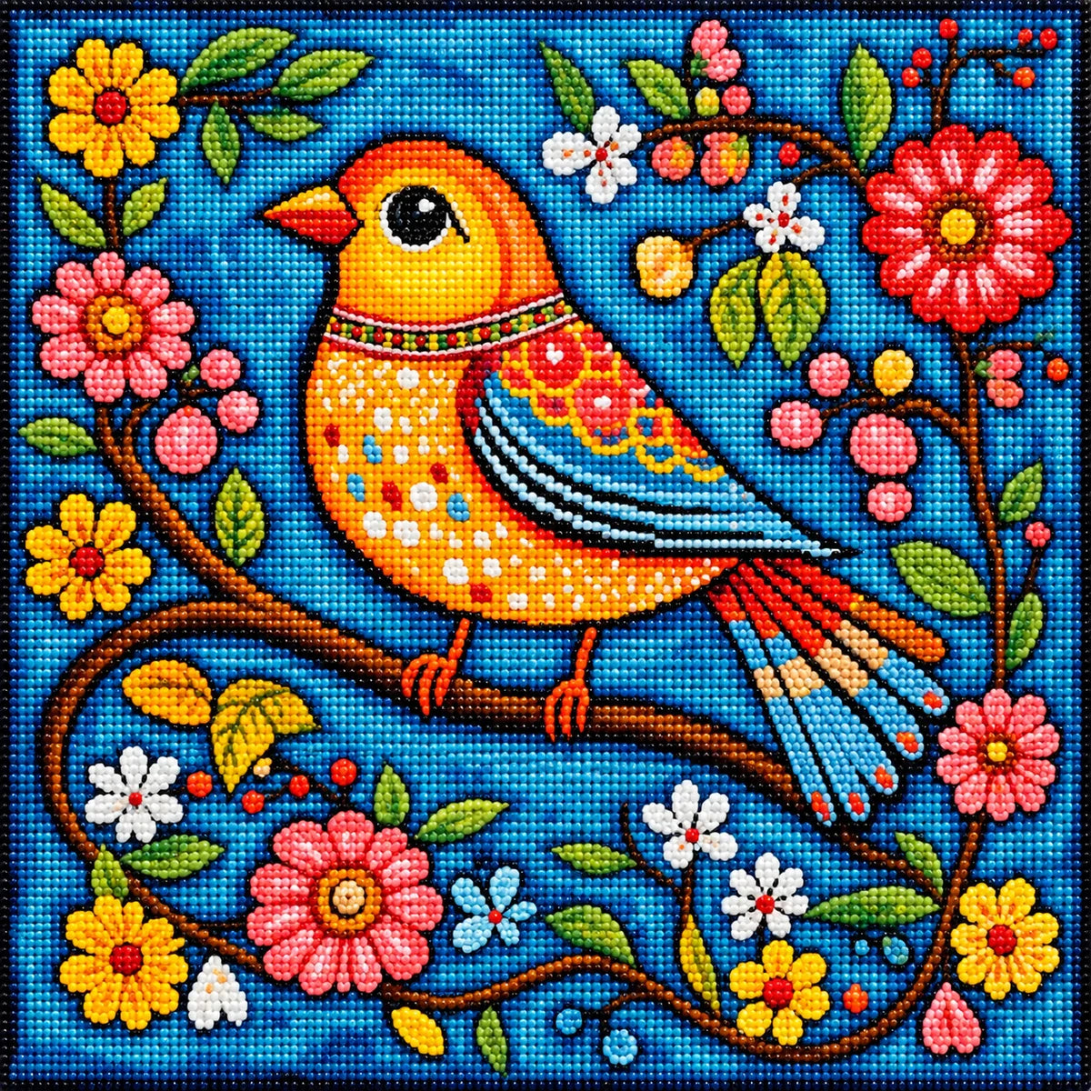 Yellow Bird With Flowers Folk Art Diamond Art Kit