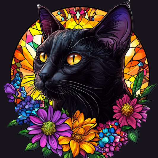 Yellow Eye Black Cat and Flowers Diamond Art Kit
