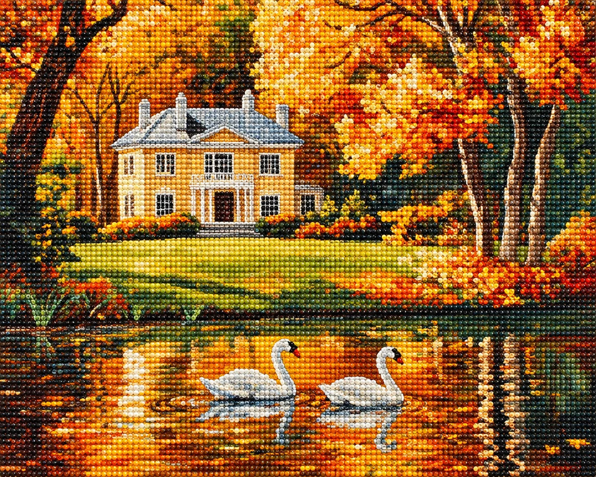 Yellow House And Two Swans Diamond Art Kit