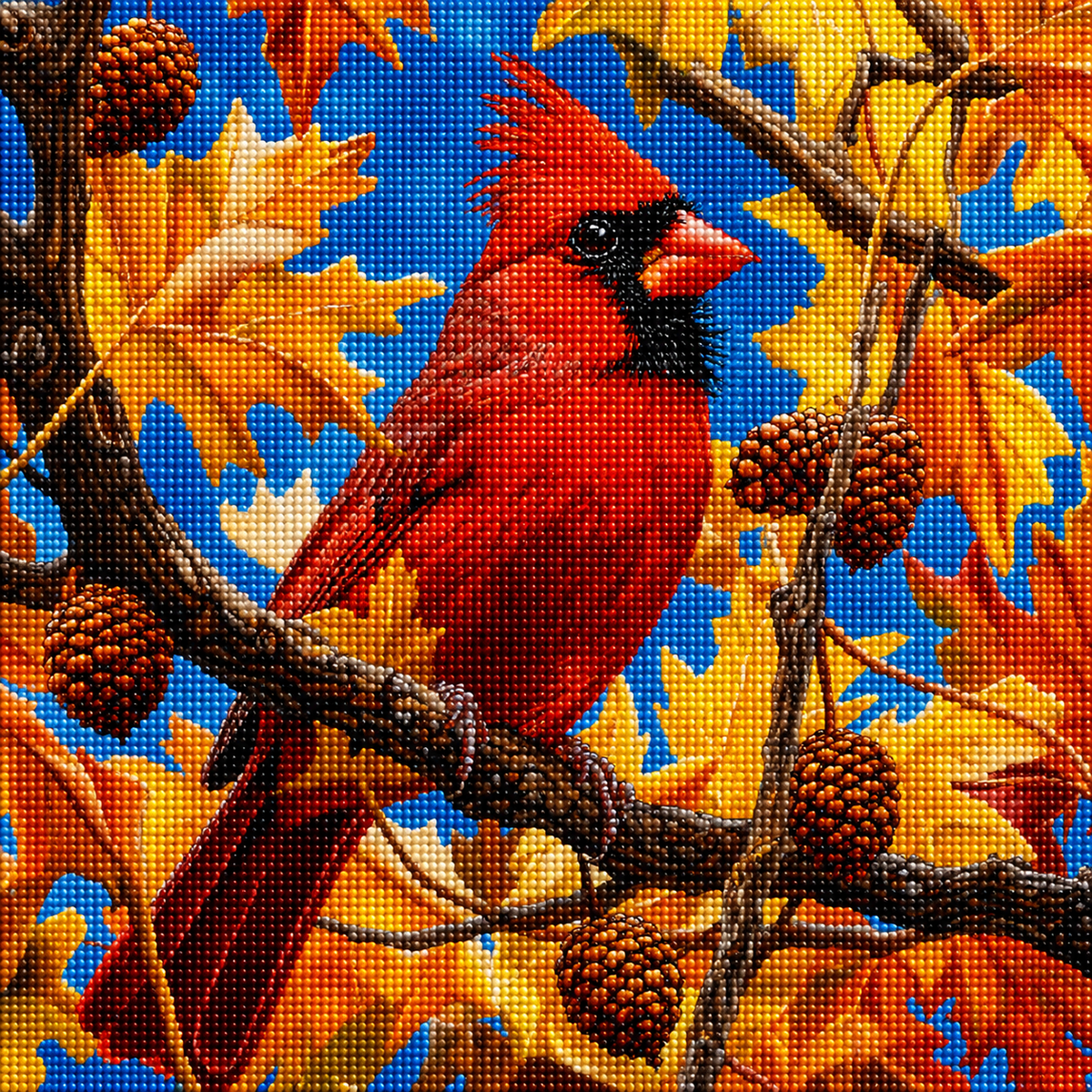 Yellow Leaves Cardinal Diamond Art Kit — diamond art kit canvas