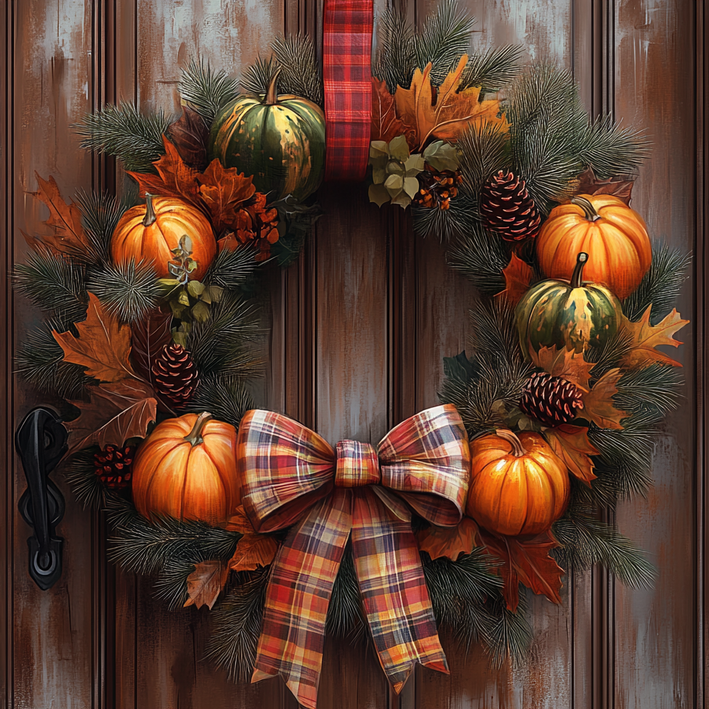 Yellow and Orange Plaid Bow Pumpkin Wreath Diamond Art Kit
