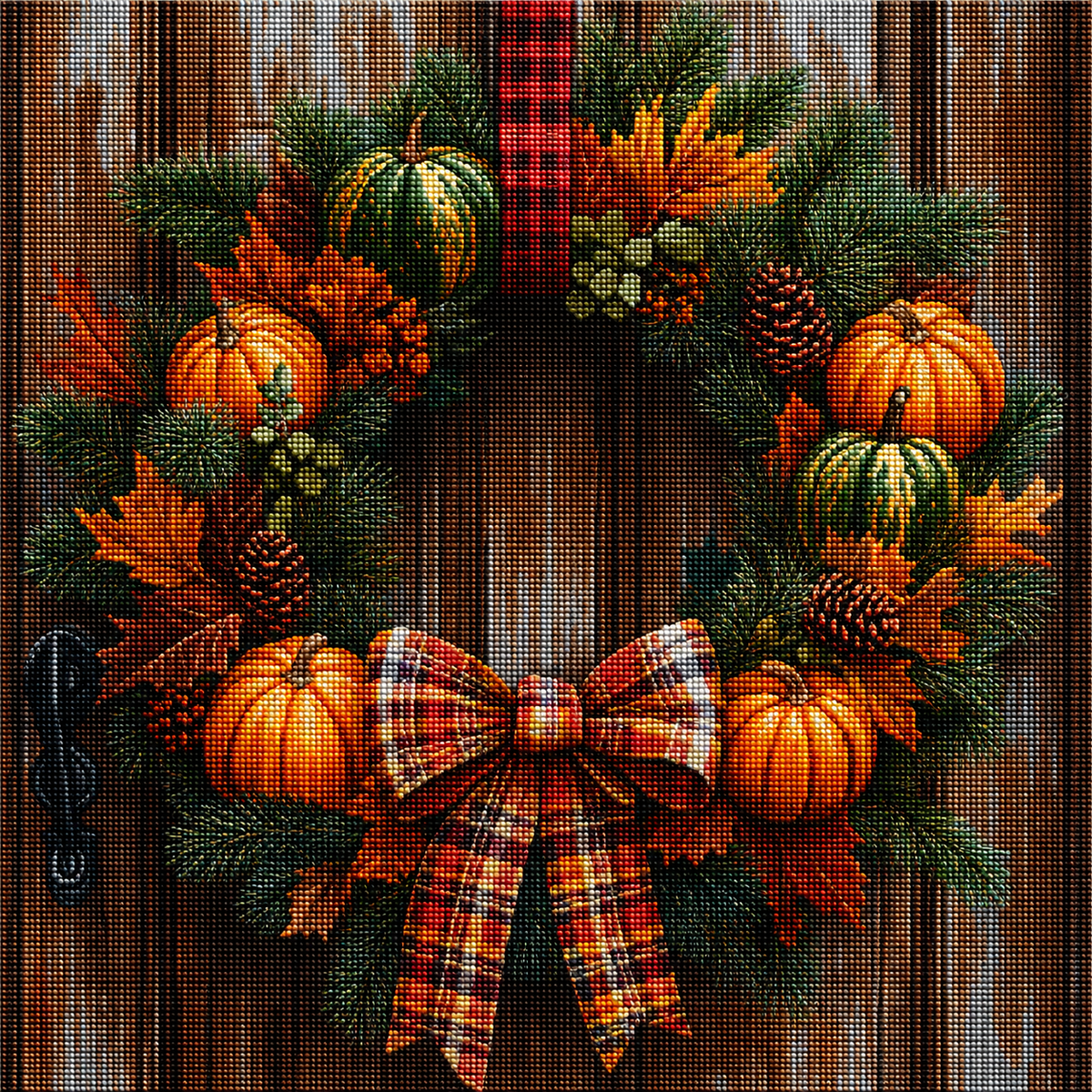 Yellow and Orange Plaid Bow Pumpkin Wreath Diamond Art Kit — diamond art kit canvas
