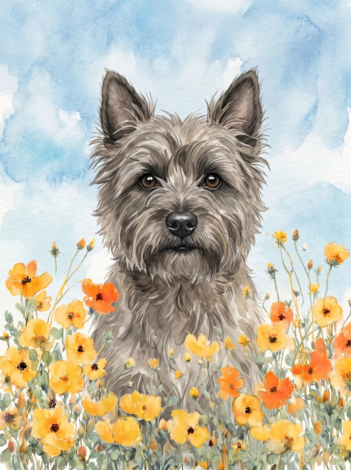 Yellow Poppies Cairn Terrier Diamond Art Kit