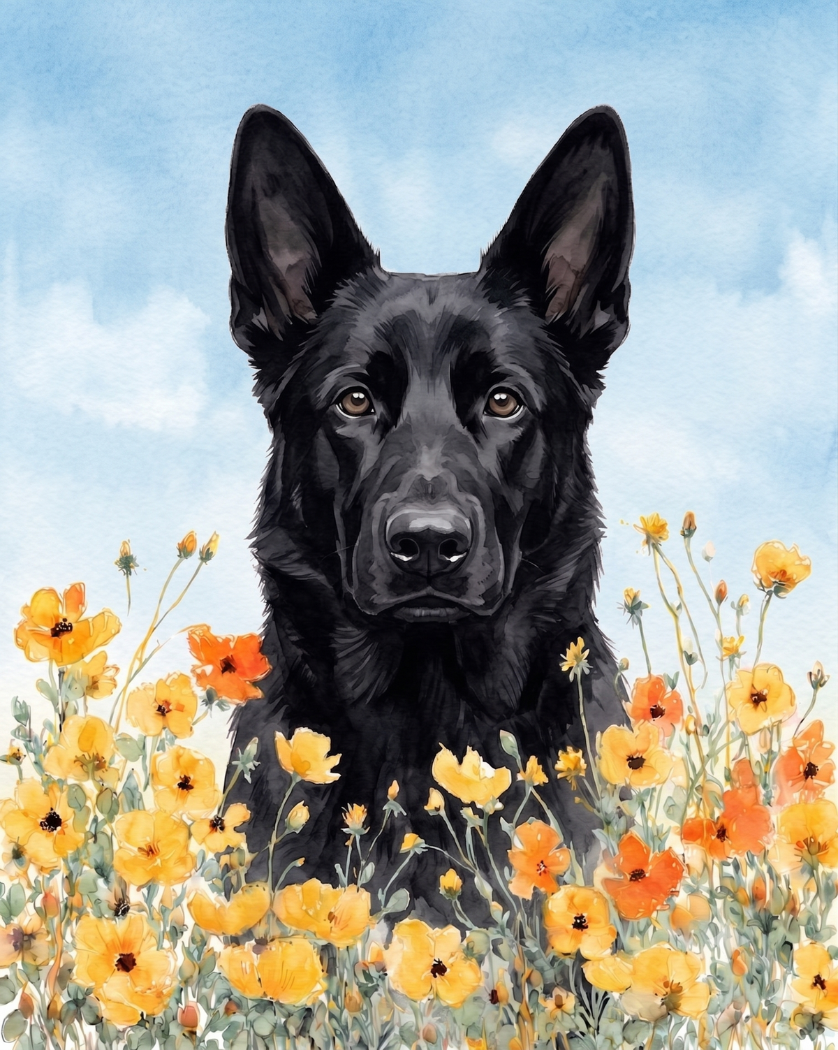 Yellow Poppies Black German Shepherd Diamond Art Kit