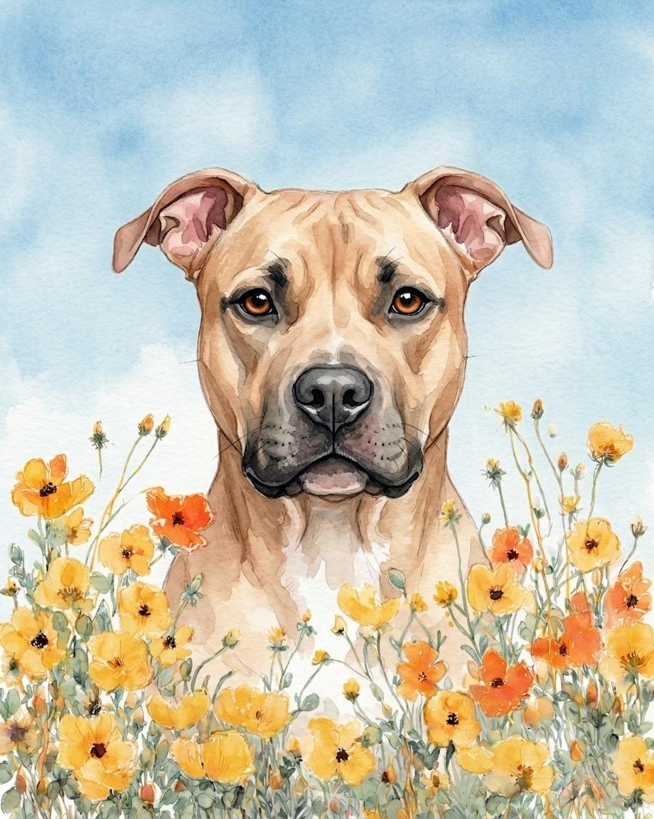 Yellow Poppies Fawn American Pitbull Terrier Diamond Art Kit