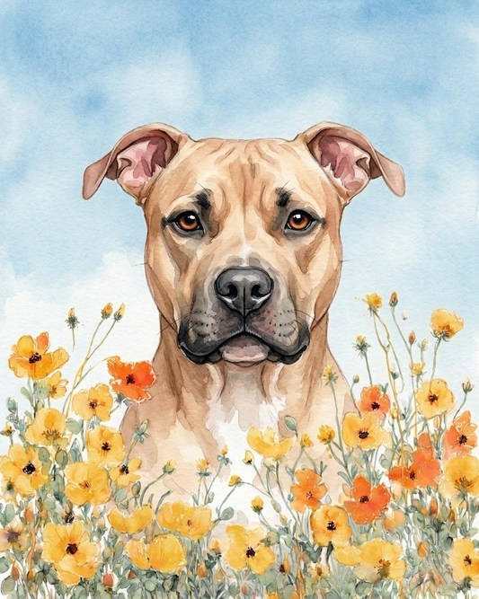 Yellow Poppies Fawn American Pitbull Terrier Diamond Art Kit